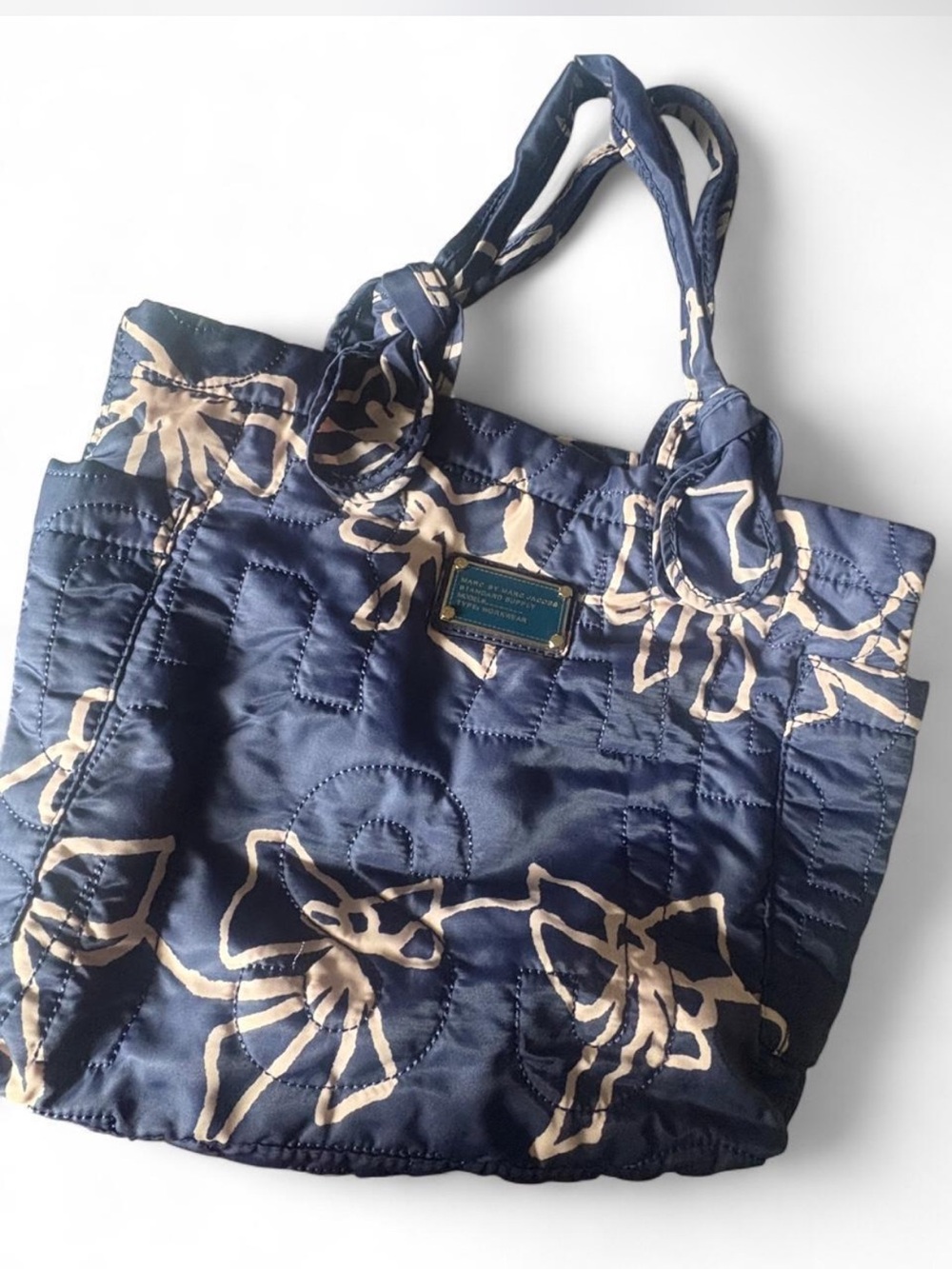 Y2K Marc by Marc Jacobs Navy & Pink Bow Quilted Workwear Tote Bag - Picture 3 of 6